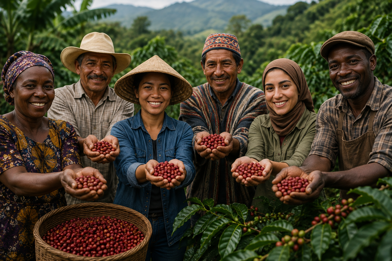 A coffee farmer holding freshly harvested coffee cherries