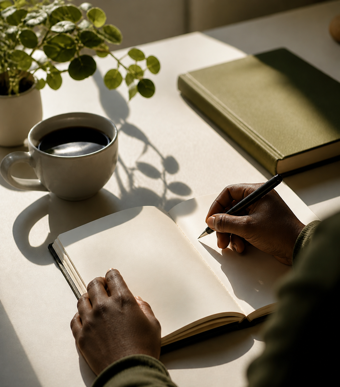 A person journaling beside a cup of black coffee in morning light