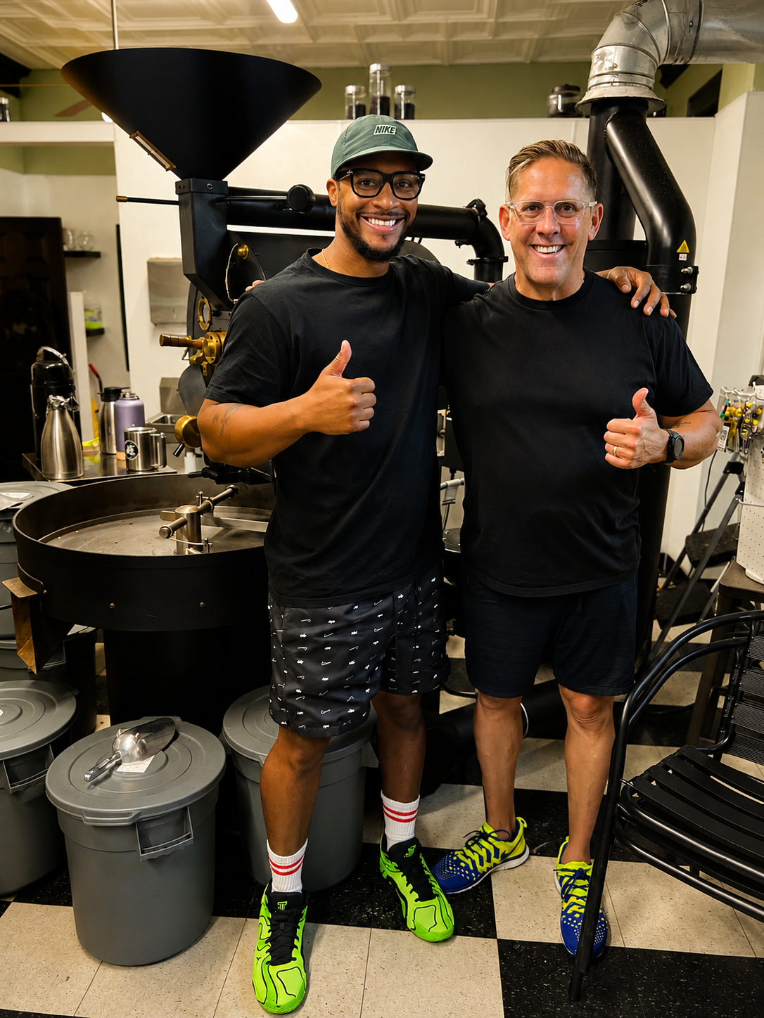 Two founders standing together in front of the coffee roaster