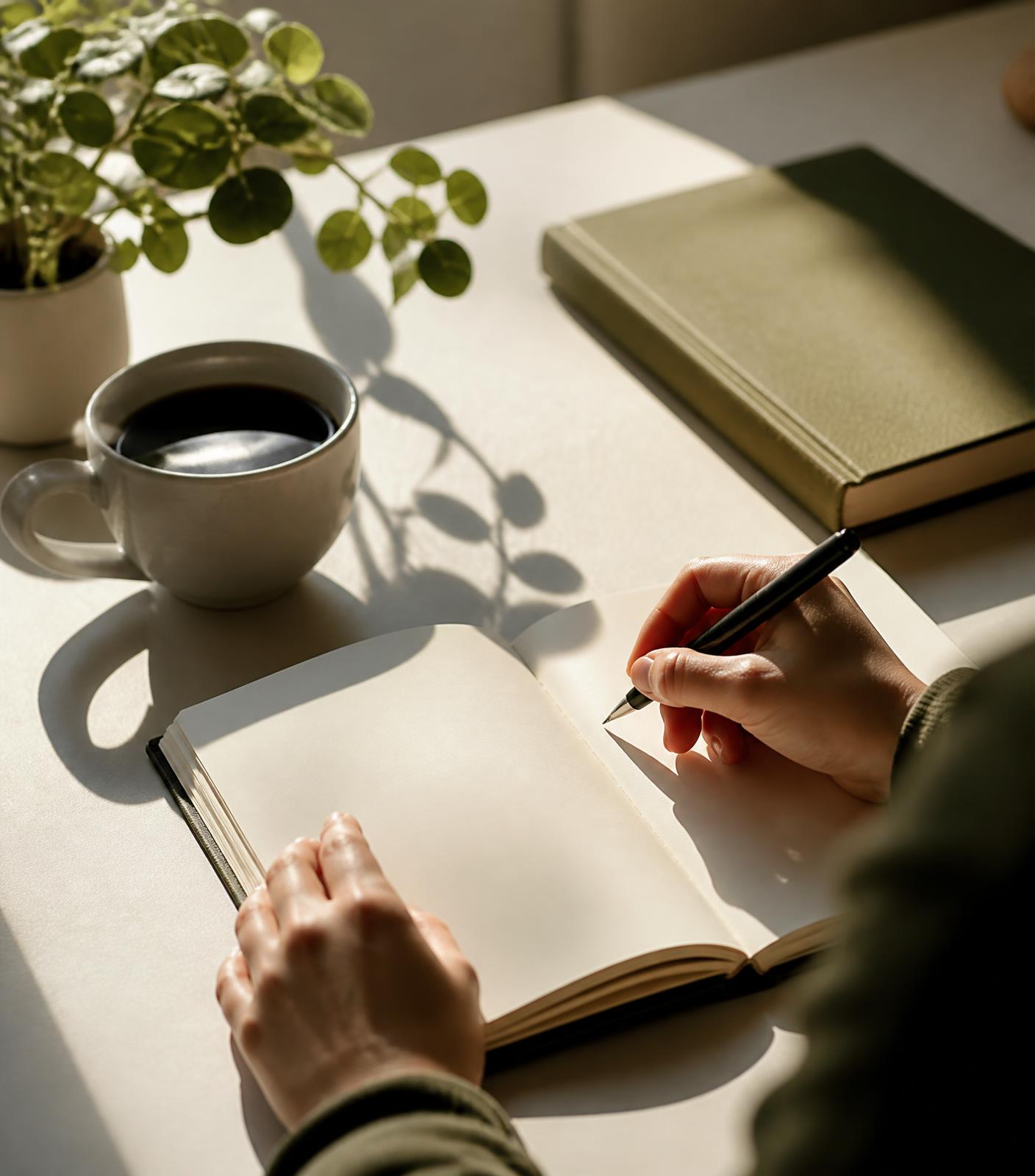 A journal, pen, and cup of coffee on a table in morning light